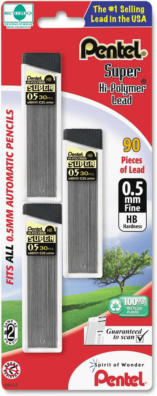 Pentel C25BPHB3K6 Super Hi-Polymer Lead Refills, 0.5mm, HB, Black, 30/Tube, 3 Tubes/Pack