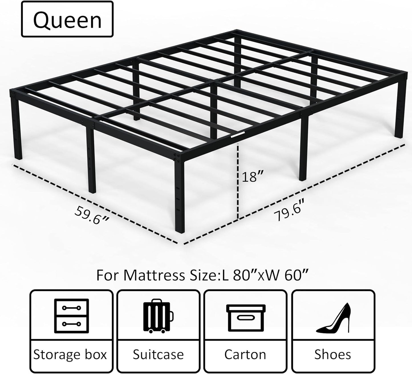 NEW - EMODA Queen Bed Frame No Box Spring Needed 18 Inch Heavy Duty Metal Tall Platform Bed Frame Queen Size with Large Storage Space, Easy Assembly, Black - Retail $149