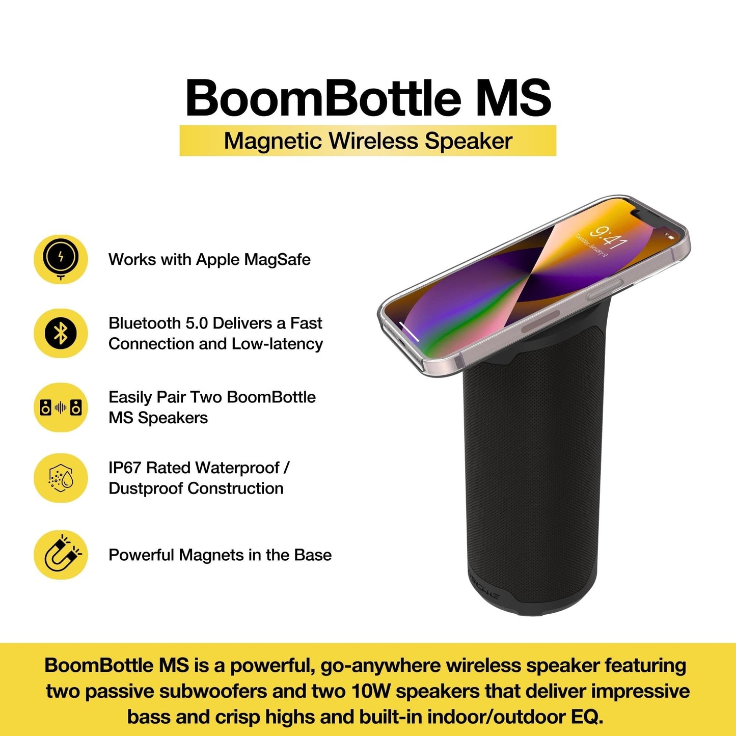 Scosche BoomBottle MS MagSafe Magnetic Bluetooth Speaker, IP67 Waterproof Portable Bluetooth Wireless Speaker for Bikes, Golf Carts, Outdoors, and Home with Integrated MagicMount Magnetic Phone Holder