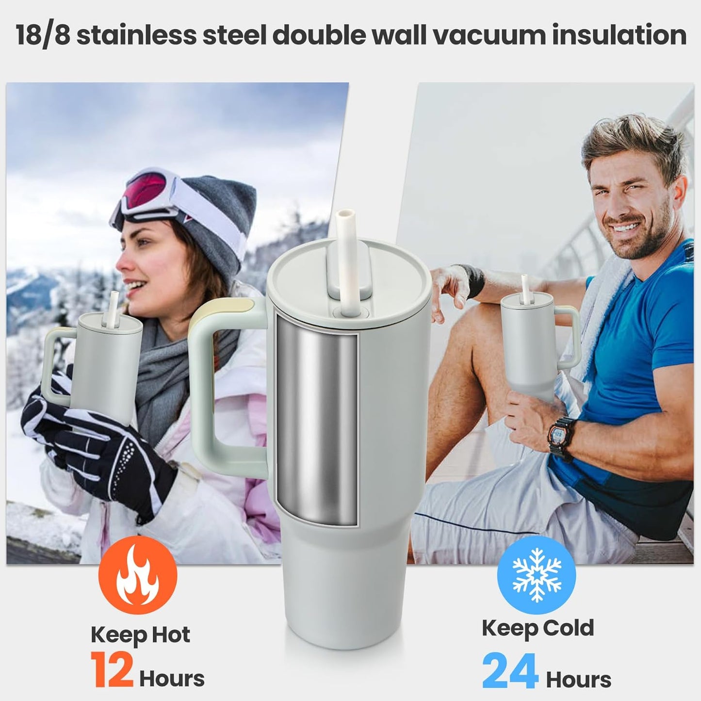 40 oz Tumbler with Handle and Magnetic Straws Lid, Stainless Steel Insulated cups 100% Leakproof Travel Coffee Mug, Grey