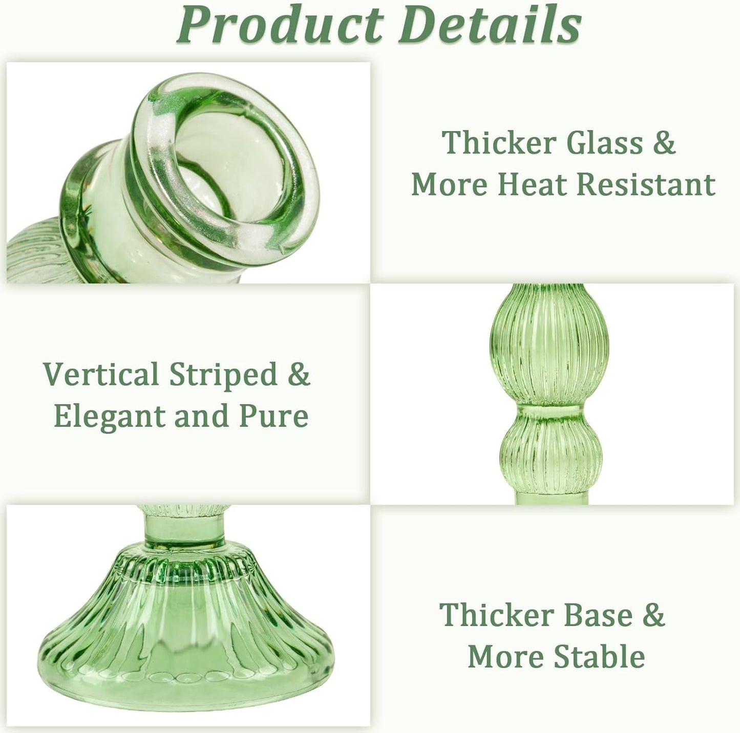 6" H Glass Candle Holder Set of 3, Taper Candles Holders - Candle Stick Holders for Home Decor Wedding Party & Table Centerpieces (Green, 3 Pcs)