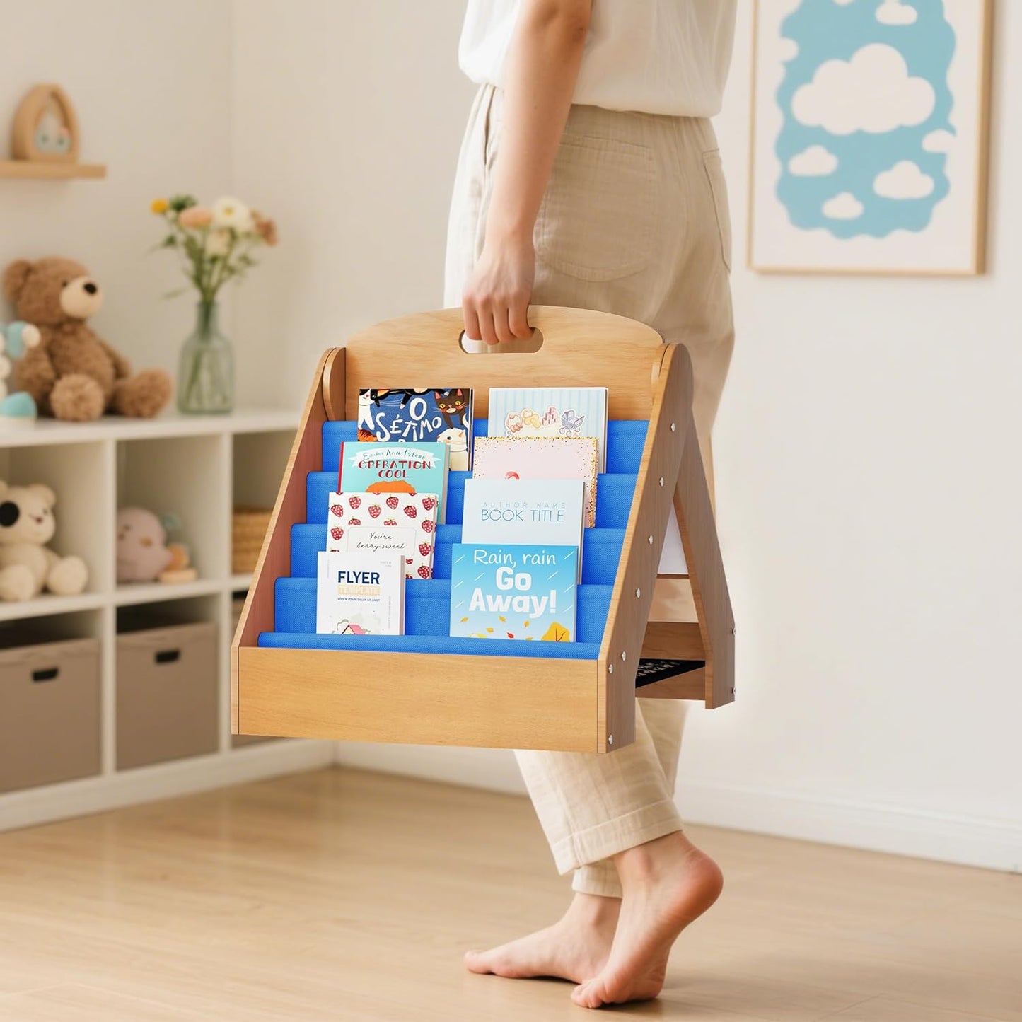 ZIFTY Kids Bookshelf 2-in-1 Design Book Organizer and Easel for Kids, Montessori Book Shelf for Kids Rooms, 4 Tier Bookcase for Age 3+ Girl Boy´s Bedroom Decor, Storage for Small Toys, Blue