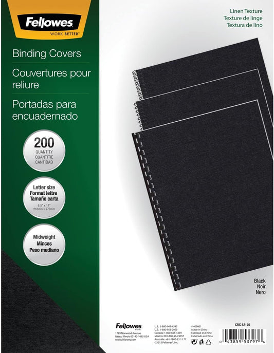 Fellowes Linen-Textured Binding Cover, Letter, Black, Pack of 200