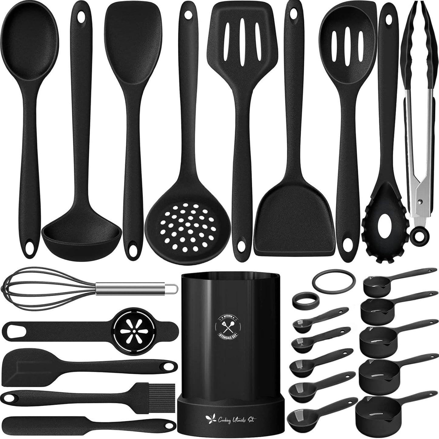 Silicone Kitchen Cooking Utensil Set, Fungun 25 Pcs Kitchen Utensils with Spatula, Spoon, Turner, Tongs, Heat Resistant Kitchen Gadgets Tools Set for Nonstick Cookware Black (Dishwasher, BPA Free)