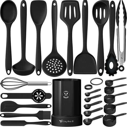 Silicone Kitchen Cooking Utensil Set, Fungun 25 Pcs Kitchen Utensils with Spatula, Spoon, Turner, Tongs, Heat Resistant Kitchen Gadgets Tools Set for Nonstick Cookware Black (Dishwasher, BPA Free)