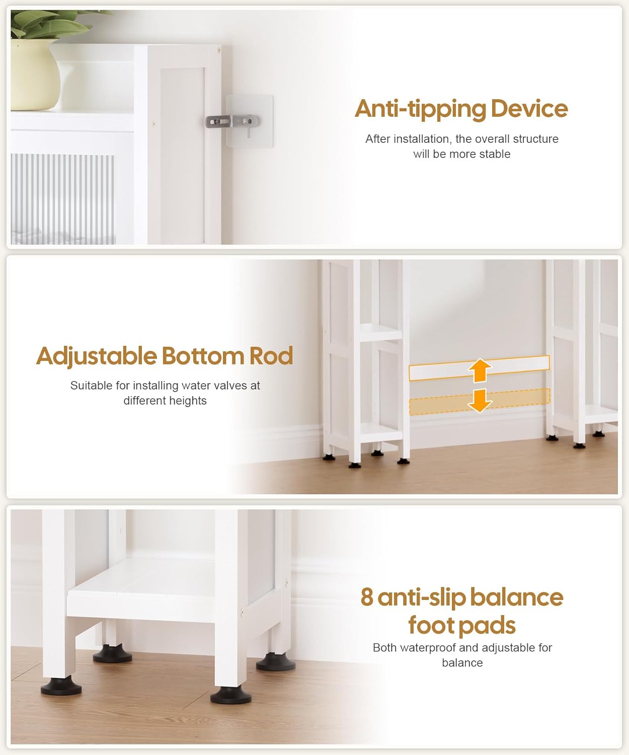 Over The Toilet Storage Cabinet with Acrylic Sliding Door Panel, Bamboo Organizer Shelf with 2 Paper Drawers and 1 Big Drawer,Space Saver Rack for Bathroom (White)