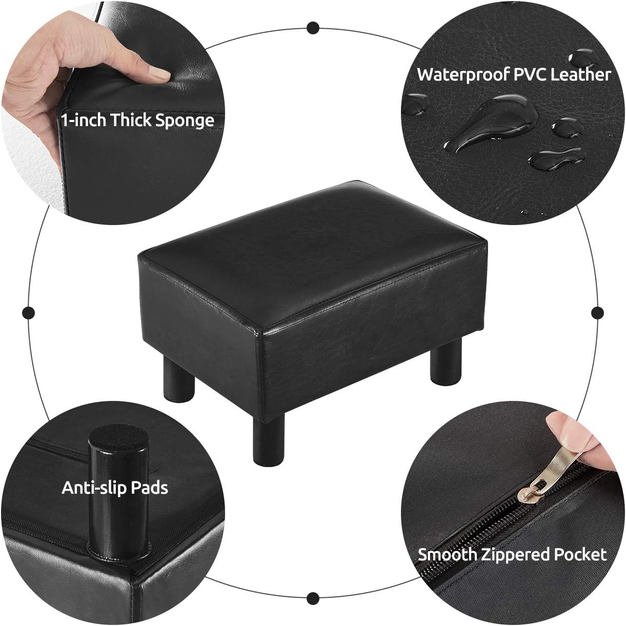 NEW - 16 inches Footstool Ottoman with 4 Stable Wooden Legs, Small Under Desk Footrest, Black PU Faux Leather Step Stool with Padded Seat for Living Room Bedroom - Retail $35
