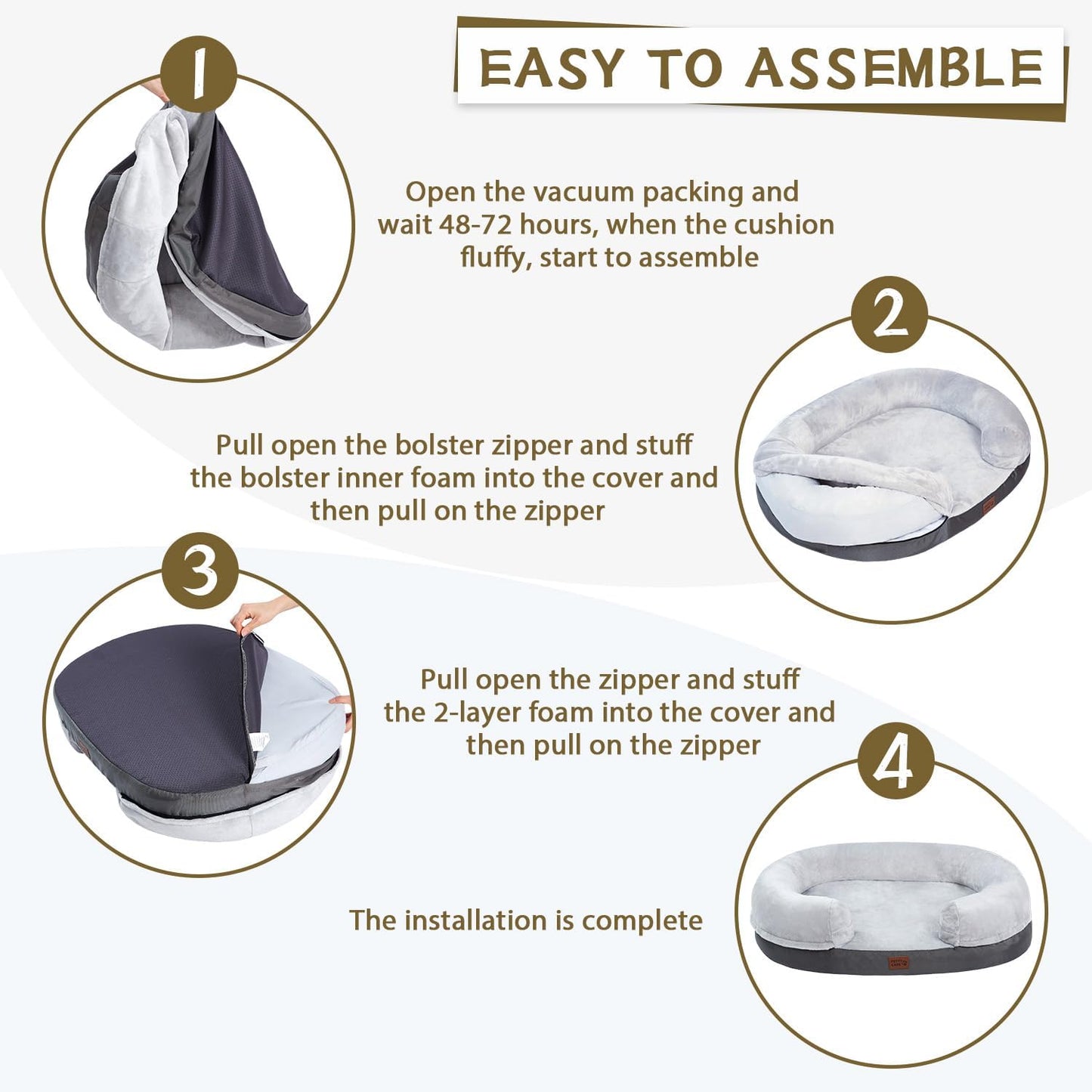 Pettycare 38 inches Memory Foam Dog Beds for Large Dogs, Orthopedic Dog Bed Washable with Removable Cover and Waterproof Liner, Couch Pet Bed Sofa with Sides and Antislip Bottom Fits up to 75lbs, Grey