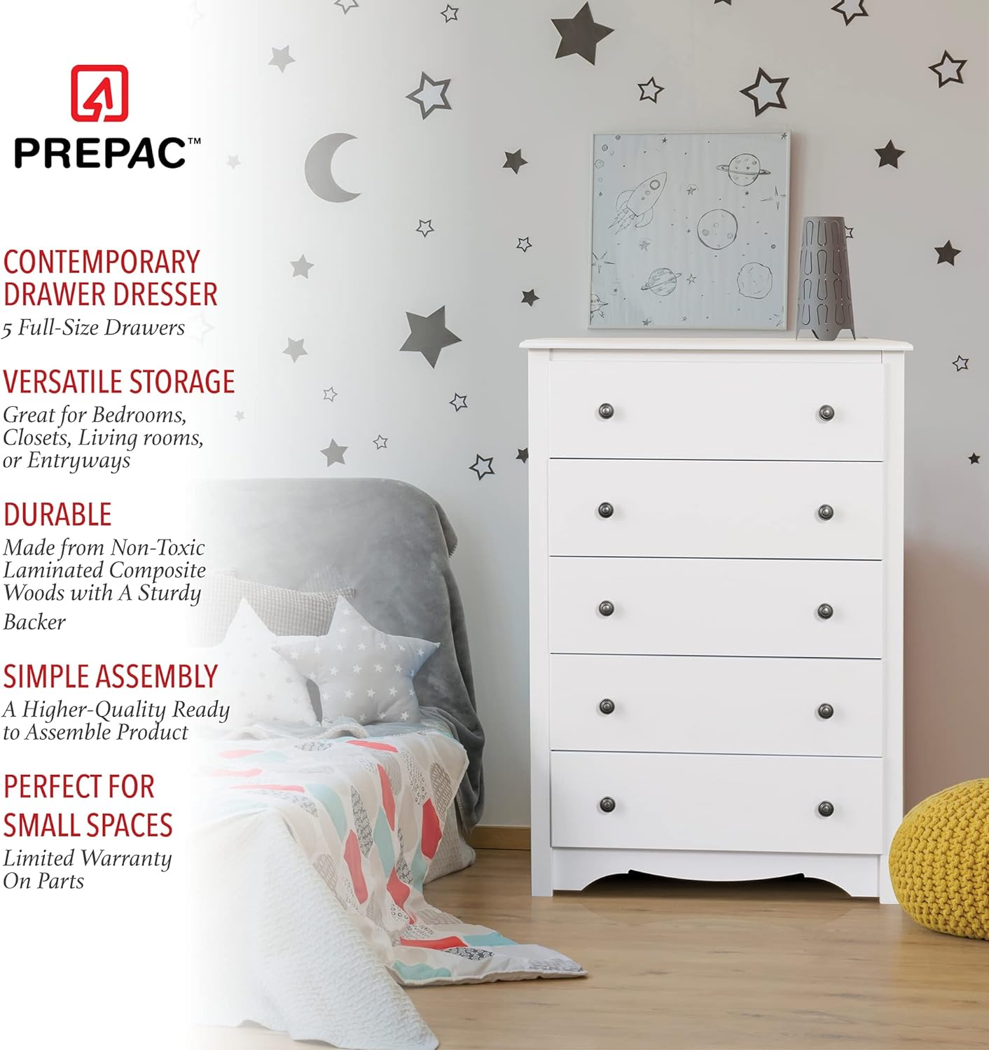 New w/ minor dmg - Prepac Sonoma Superior 5-Drawer Chest for Bedroom - Spacious and Stylish Chest of Drawers, Measuring 16"D x 31.5"W x 45.25"H, In White Finish - Retail $167