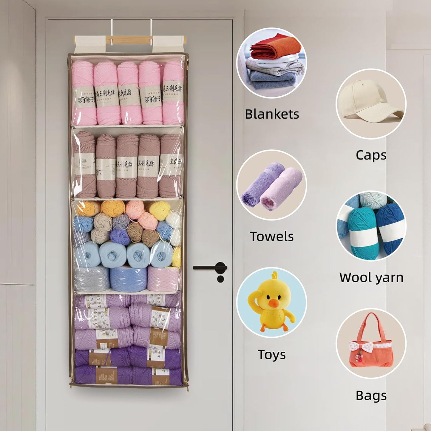 Hanging Yarn Storage with 4 Large Pockets, Clear Knitting Organizer Storage with Zippers for Crochet Lovers, Hanging Yarn Holder with Over-Door Hooks for Knitting Needles Crochet Hooks