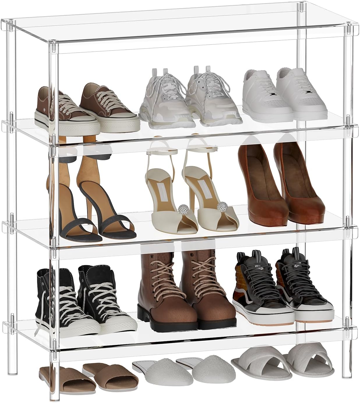 Aquiver 4-Tier Acrylic Shoe Rack - Shoe Rack Organizer - Modern Shoe Storage Shelf, Holds 12-16 Pairs of Shoes for Entryway, Closet - 25.6'' L x 11.8'' W x 28.3'' H, Clear, Easy Assembly & Clean - Retail $90