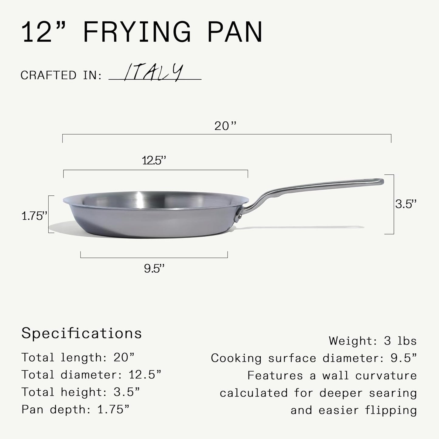 Made In Cookware - 12-Inch Stainless Steel Frying Pan - 5 Ply Stainless Clad - Professional Cookware - Crafted in Italy - Induction Compatible