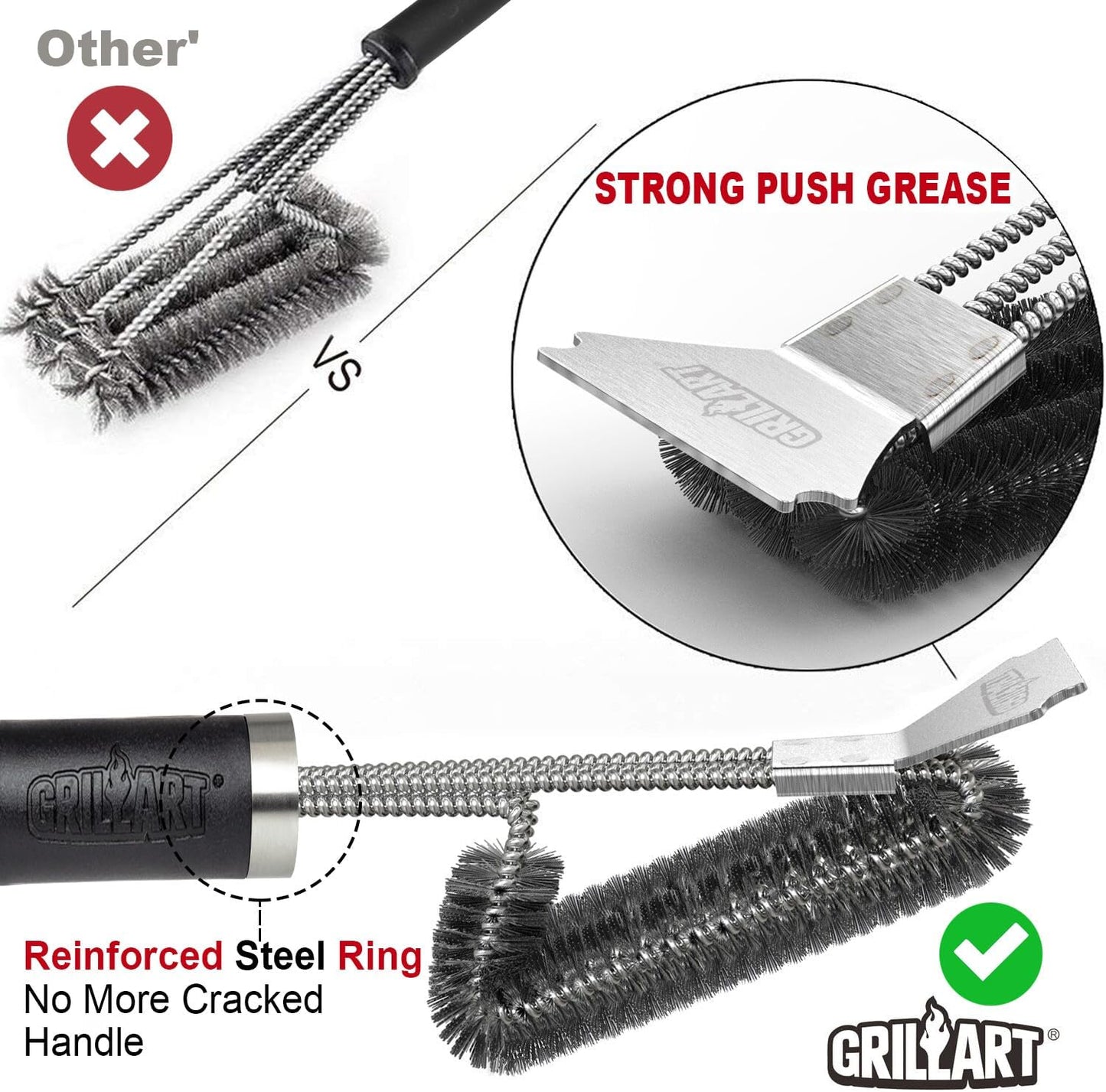 GRILLART Grill Brush and Scraper Tightly-Woven 3 in 1 Wire Bristles, Safe 18” Long Handle Heavy-Duty Stainless Cleaning Tool, Outdoor Grill Barbecue Cleaner BBQ Accessories, Gifts for Men Dad, BR-4516