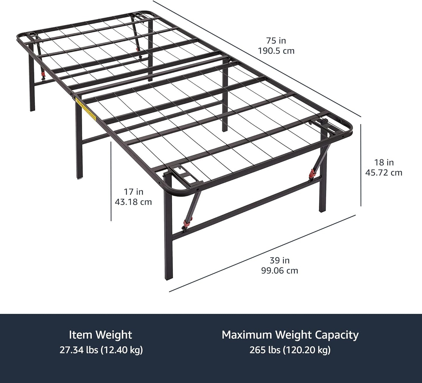 NEW - Amazon Basics TWIN Foldable Metal Platform Bed Frame with Tool Free Setup, 18 Inches High, Sturdy Steel Frame, No Box Spring Needed, Twin, Black - Retail $80