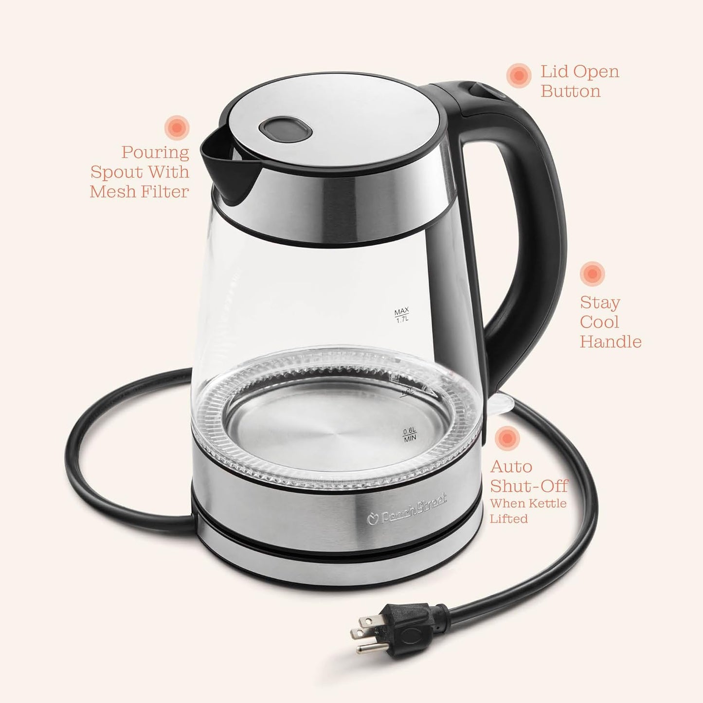 Speed-Boil Electric Kettle For Coffee & Tea - 1.7L Water Boiler 1500W, Borosilicate Glass, Easy Clean Wide Opening, Auto Shut-Off, Cool Touch Handle, LED Light. 360° Rotation, Boil Dry Protection