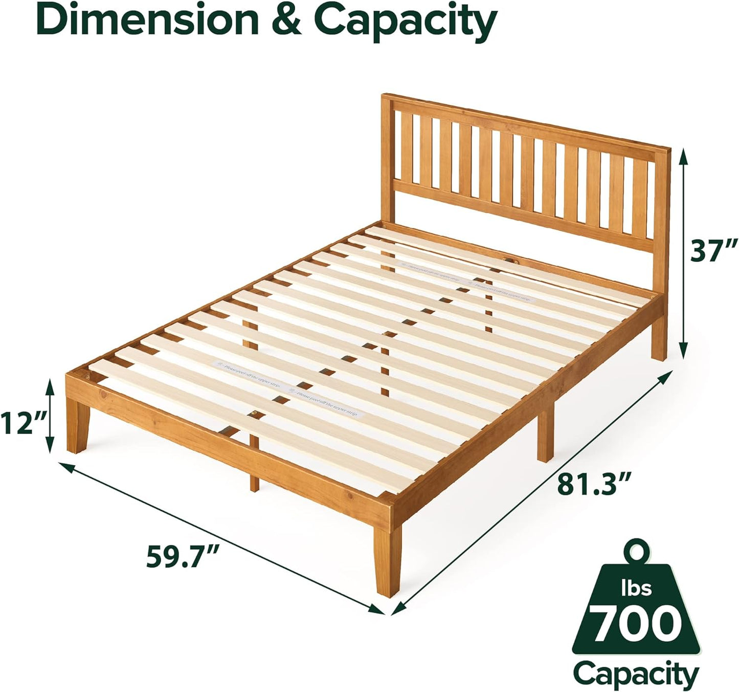 NEW - ZINUS Alexia Wood Platform Bed Frame with headboard, Solid Wood Foundation with Wood Slat Support, No Box Spring Needed, Easy Assembly, Rustic Pine, Queen - Retail $259