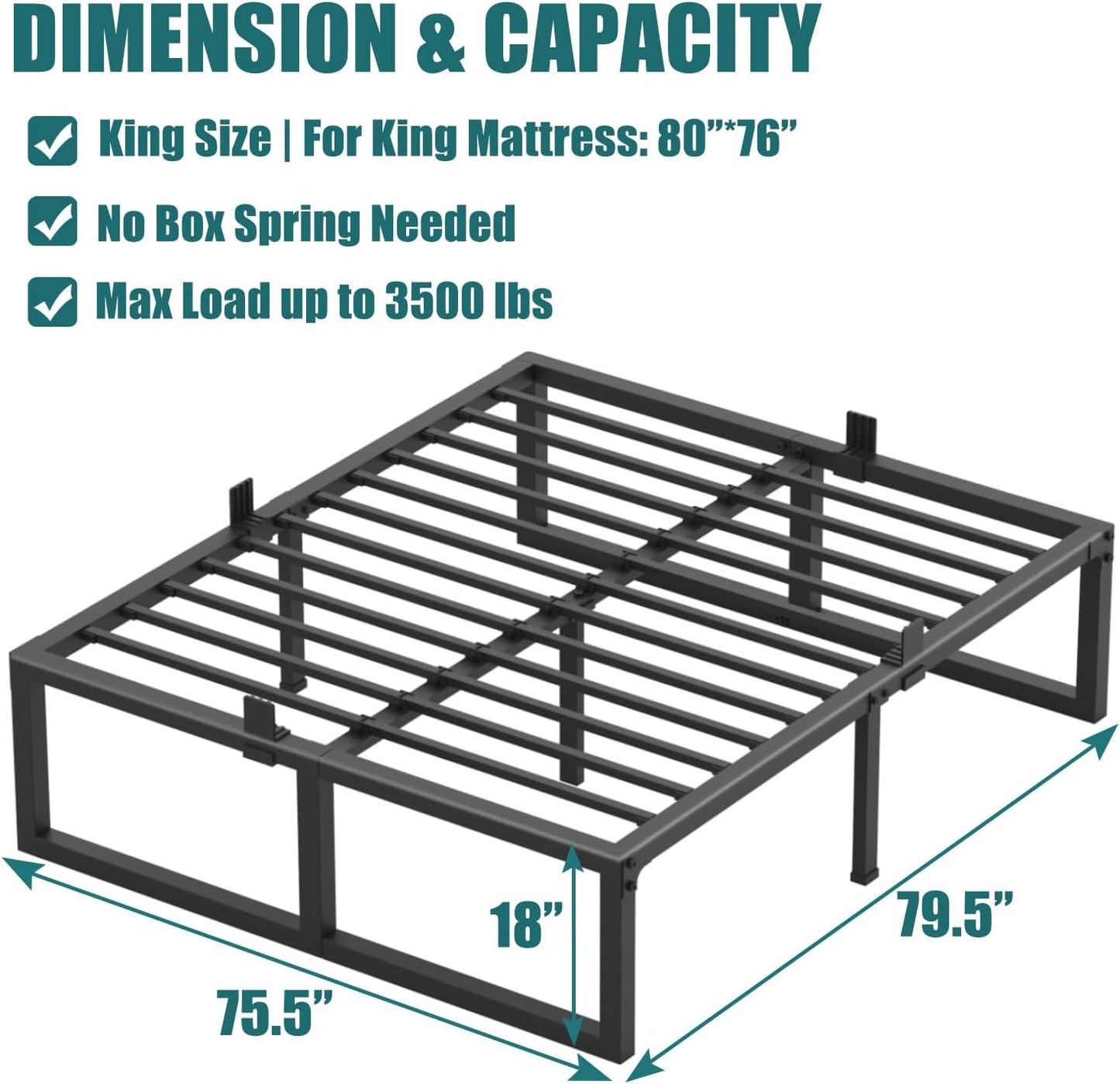 KING Bed Frame, 18 Inch High 3500 lbs Metal Platform, Mattress Foundation with Steel Slat Support/No Box Spring Needed/Noise Free/Non-Slip/Easy Assembly - Retail $116