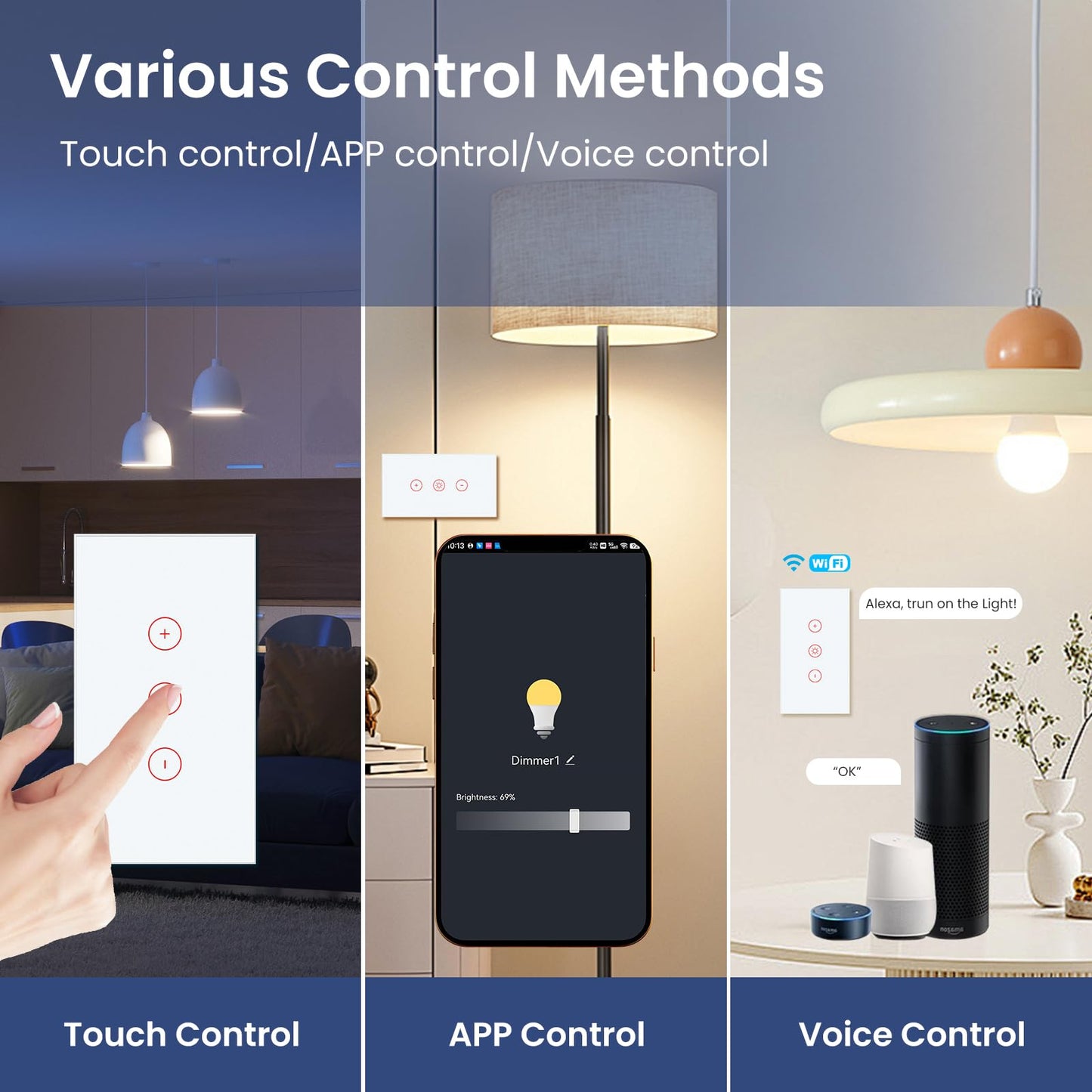 Smart Dimmer Switch,Single-Gang,Neutral Required,2.4GHz,Tuya/Smart Life App/Alexa,Tempered Glass Panel,White