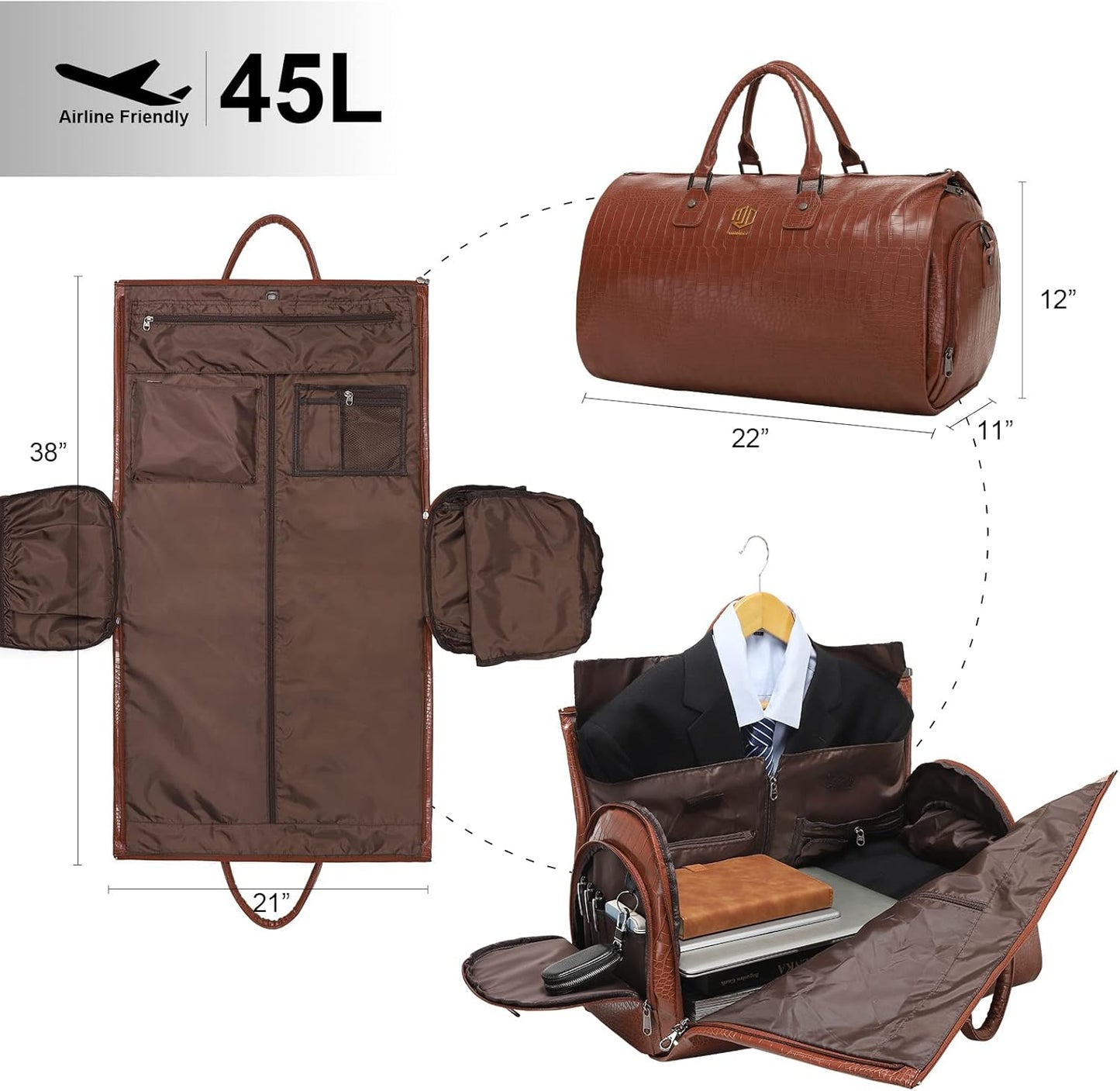 Modoker 2-in-1 Convertible Leather Garment Bag,Waterproof Carry On Garment Duffel for Business Travel,Hanging Suitcase with Shoulder Strap,Luggage for Men & Women, Light Brown