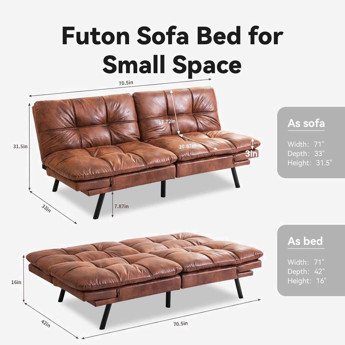 Opoiar Futon Sofa Bed, Memory Foam Couch Bed with Mattress and Frame Included,Comfortable Brown Faxu Leather Loveseat Sleeper Sofa for Dorm Apartment Office College Small Space Bedroom RV Living Room - Retail $381