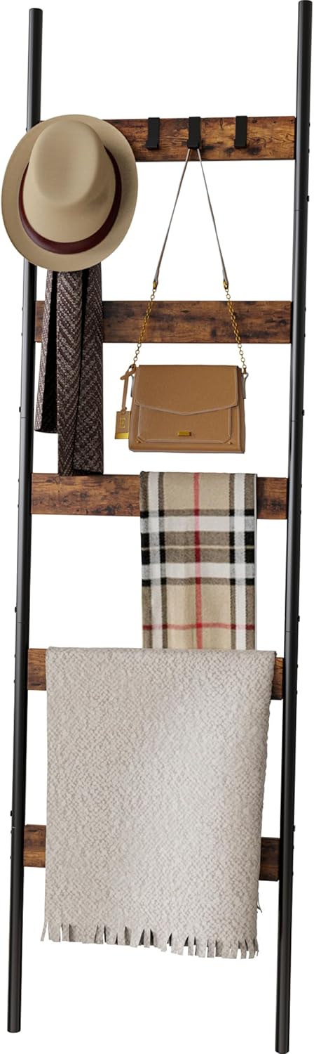 Blanket Ladder, 5-Tier Towel Holder with 4 Removable Hooks, Farmhouse Wall Leaning Decorative Rack Shelf, Wooden Towel Display Rack, Quilt Ladder for Living Room, Bedroom, Rustic Brown
