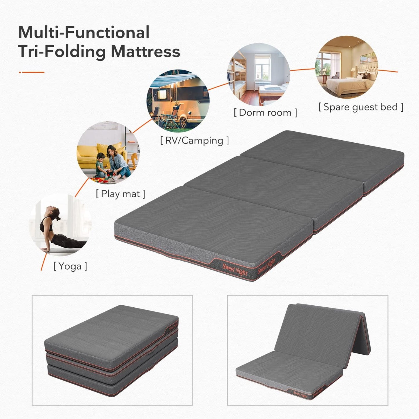 Sweetnight Folding Mattress Queen Size with Carry Bag, 4-Inch Foldable Mattress for Travel, Camping, Guest - Breathable Mesh Sides & Portable - Compact and Easy to Storage,Grey - Retail $202