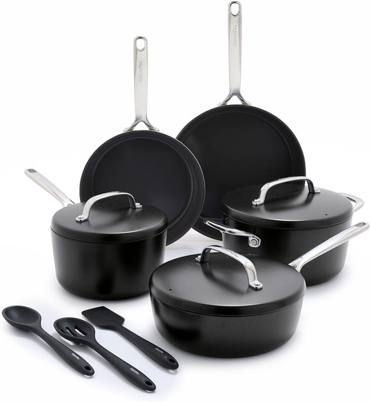 NEW - GreenPan GP5 Hard Anodized Healthy Ceramic Nonstick 14 Piece Cookware Pots & Pans Set,Heavy Gauge Scratch Resistant, Stay Flat Surface,Induction, Mirror Finish Handle,Oven Safe, PFAS-Free, Black - Retail $490