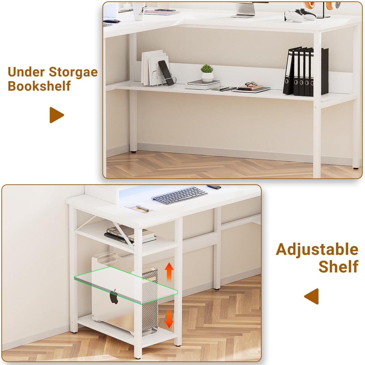 NEW - Unikito Reversible L Shaped Computer Desk with Power Outlets and Monitor Stand, Sturdy Corner Desk with RGB LED Light and Storage Shelves, Modern Work Desk for Home Office, Easy to Assemble, White