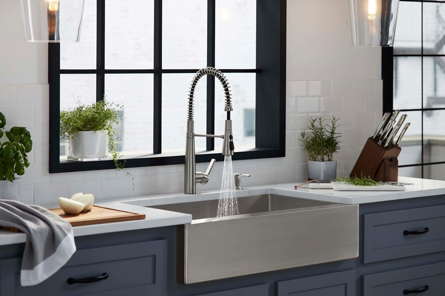 NEW - KOHLER K-R22745-SD-VS Semi-Professional Kitchen Faucet with Soap Dispenser/Lotion Dispenser, Commercial Kitchen Sink Faucet with Pull-Down Sprayhead, Vibrant Stainless - Retail $306