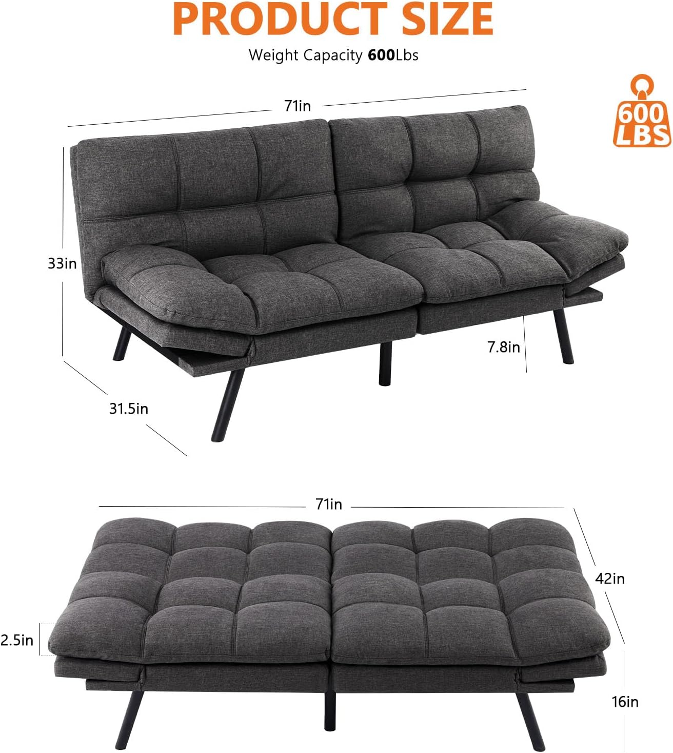 NEW - Sweetcrispy Sofa Bed Couch, Loveseat Sleeper Futon for Living Room, Foldable Memory Foam Furniture, Convertible Full Size Sofa, Adjustable Backrest and Armrests,Linen, Grey - Retail $291