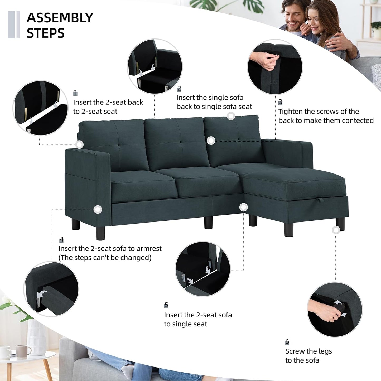 NEW - Shintenchi 79 Inch Convertible Sectional Sofa Couch, Modern Linen Fabric L-Shaped , 3-Seat Sofa Sectional with Reversible Chaise for Living Room, Apartment and Small Space (Dark Grey) - Retail $259