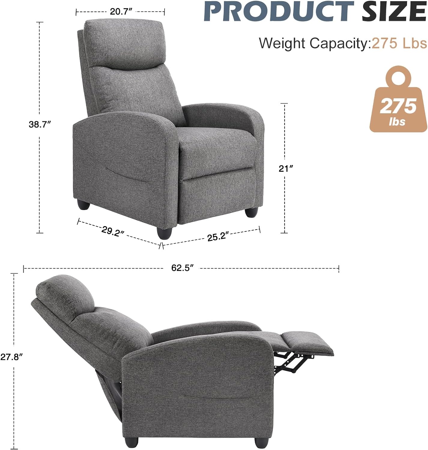 Sweetcrispy Recliner Chair for Adults, Massage Fabric Small Recliner Home Theater Seating with Lumbar Support, Adjustable Modern Reclining Chair with Padded Seat Backrest for Living Room (Grey) - Retail $135