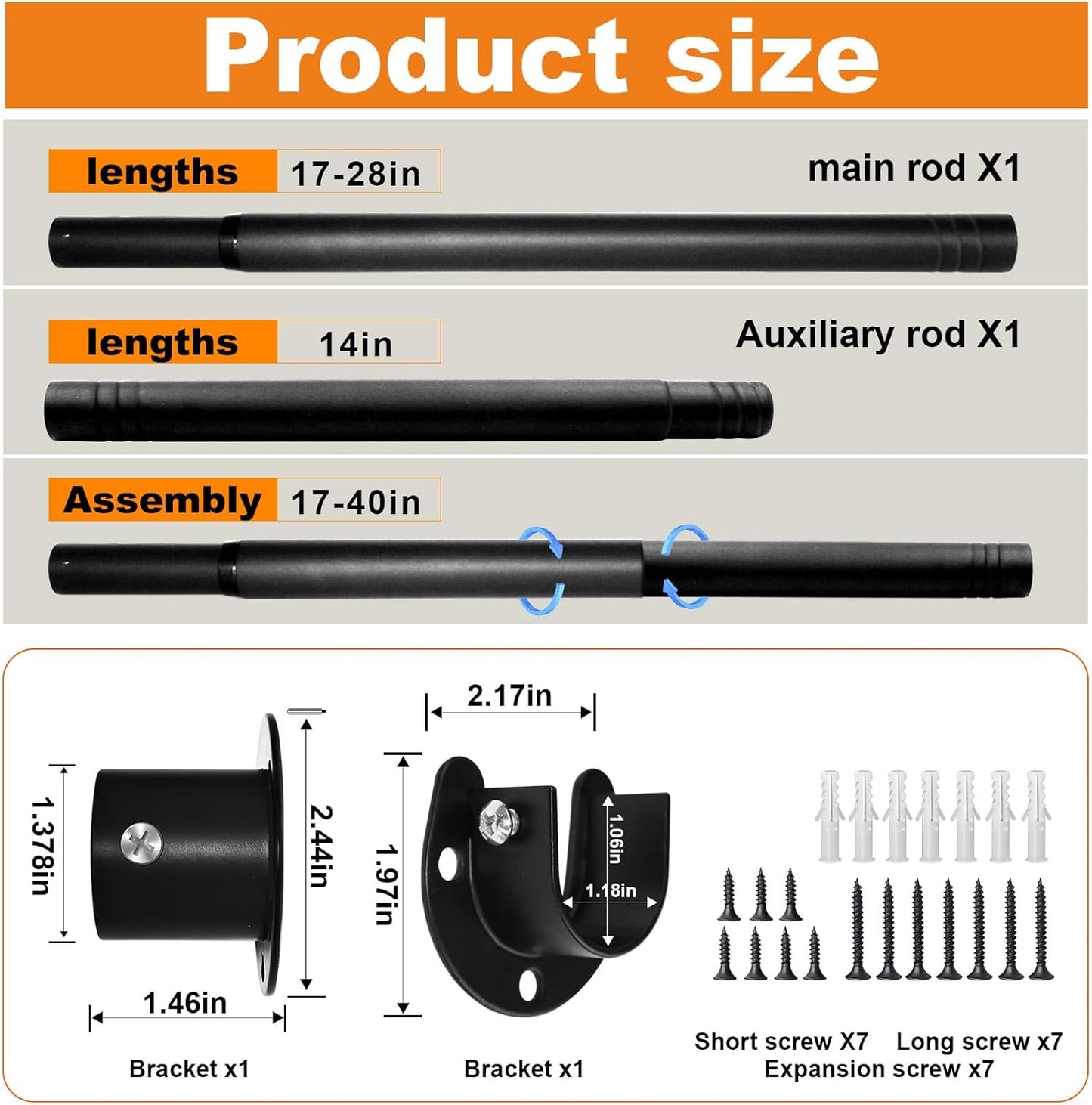 Closet Rod, 17 to 40 Inch Closet Rods for Hanging Clothes, 1.3 Inch Diameter Stepless Adjustable Clothes Hanging Rod, Black Heavy Duty Hanging Bar for Closet Wardrobes Bathroom Laundry