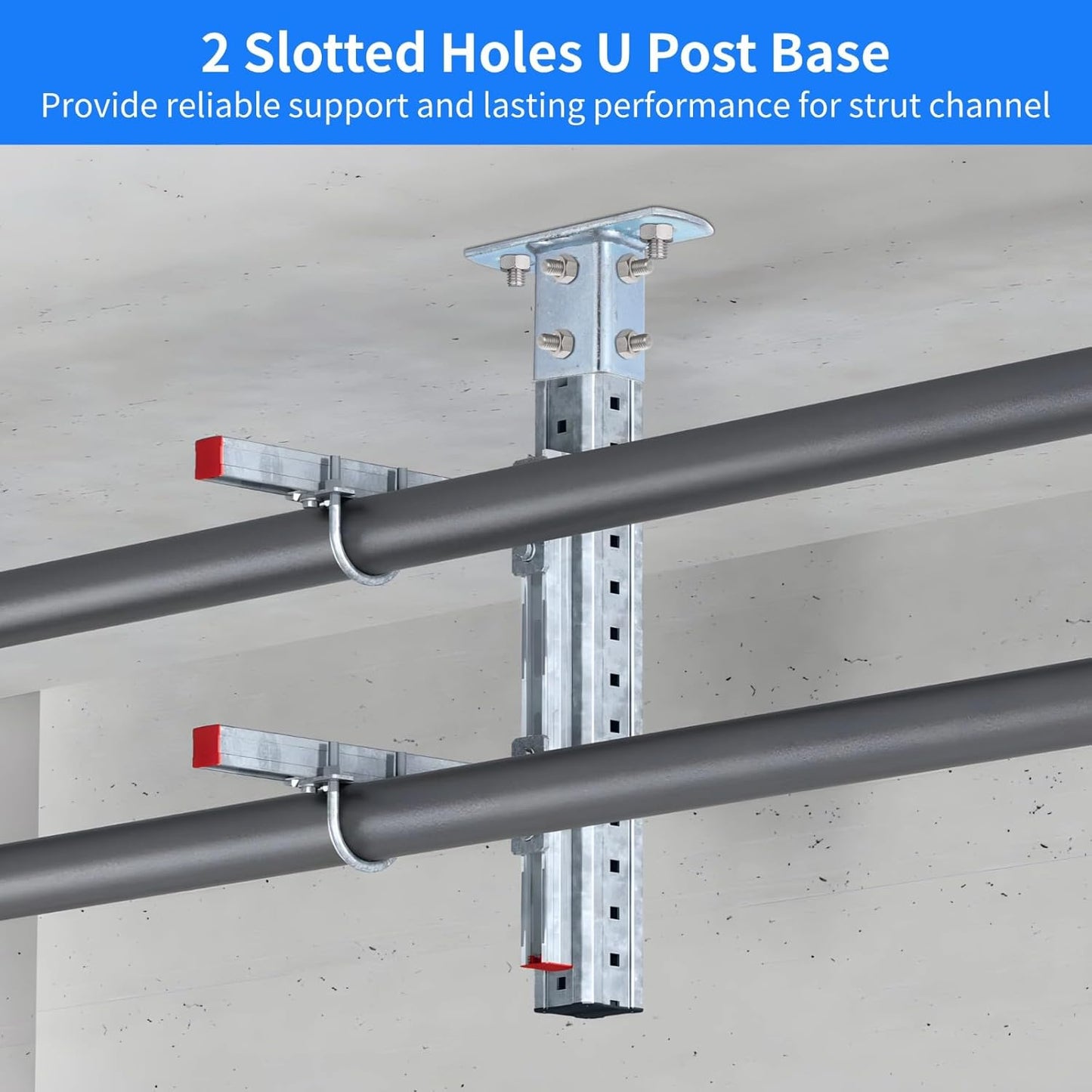 8 PCS Strut Post Bases, 2 Slotted Holes U Post Base for 1-5/8 Inches Square Single Channel, Heavy Duty Galvanized Carbon Steel Wall Ground Floor Mounting System, Universal Shelf Bracket Pile Base