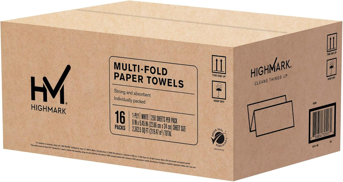 Highmark® ECO Multi-Fold 1-Ply Paper Towels, 250 Sheets Per Pack, Case Of 16 Packs