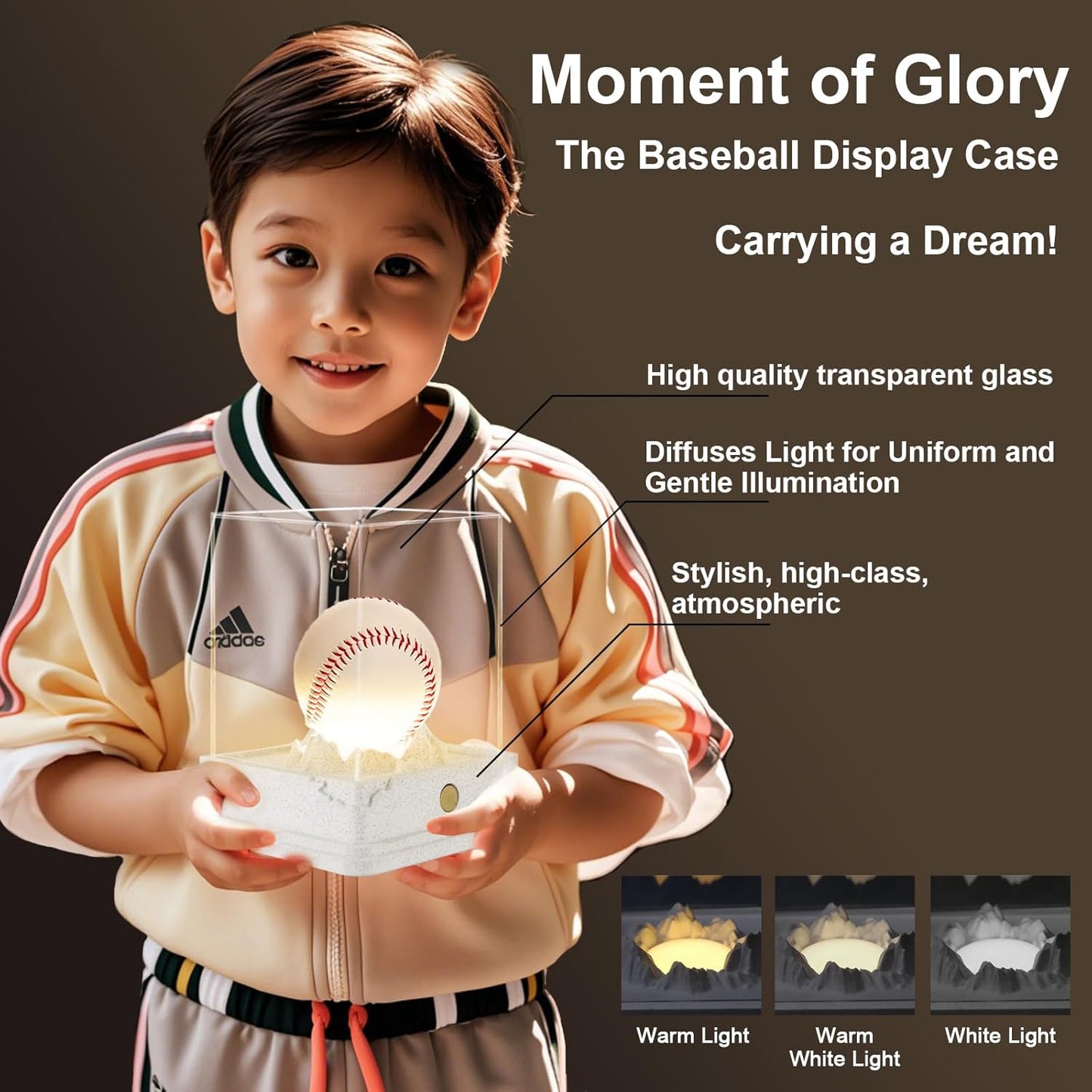 Baseball Display Case with LED Light, Rechargeable 3-Color Dimmable Lighting (3000K-6000K) with UV Protection & Weighted Concrete Base, Memorabilia Stand for Softball, Tennis, Golf