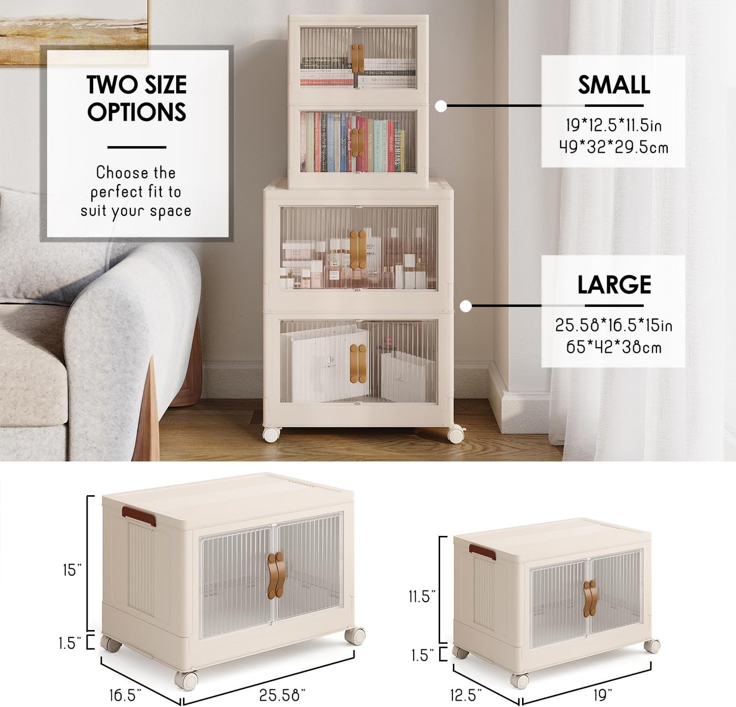3 Pack Stackable Storage Bins with Lids 21 GAL - Collapsible Storage Bins Open Front & Top Home Closet Storage Organization, Plastic Foldable Clothes Storage Cabinet with 360° Wheels, White 84.5 QT
