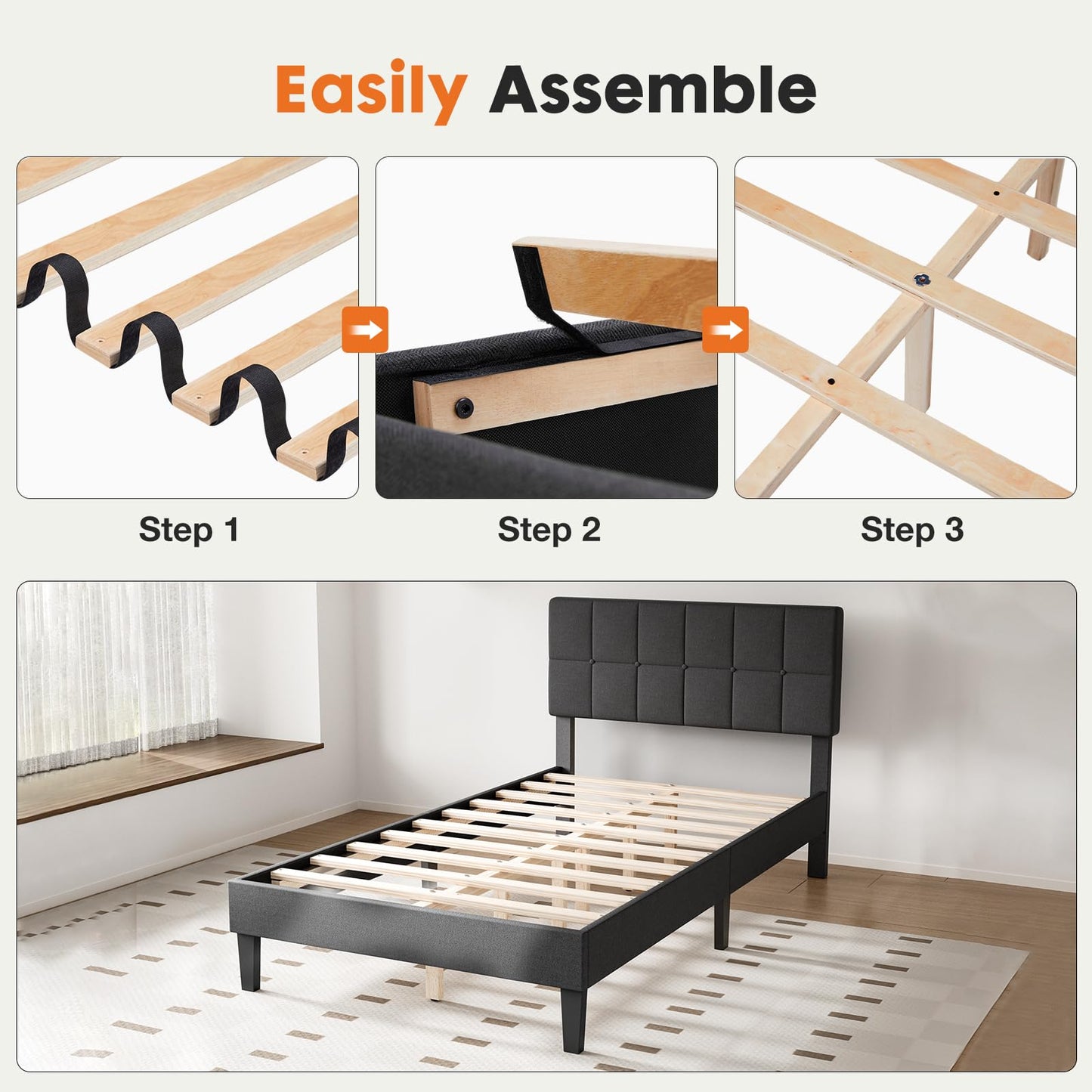 Twin Bed Frame with Adjustable Height Headboard, Dark Grey