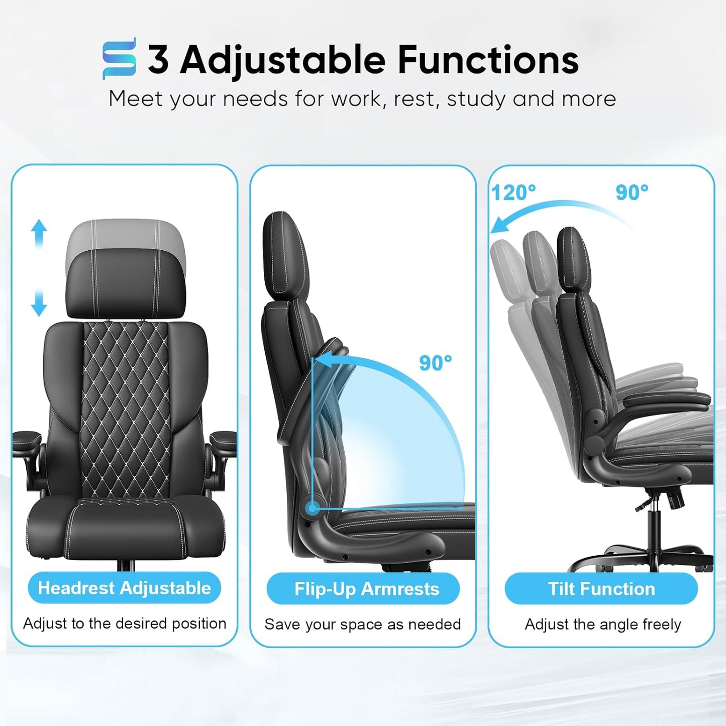 NEW - Sytas Executive Leather Office Chair, Comfy Desk Chair with Adjustable Headrest & Flip-up Padded Arms & Lumbar Support, Adjustable Hight and Tilt, Rolling Swivel Chair, Black - Retail $200