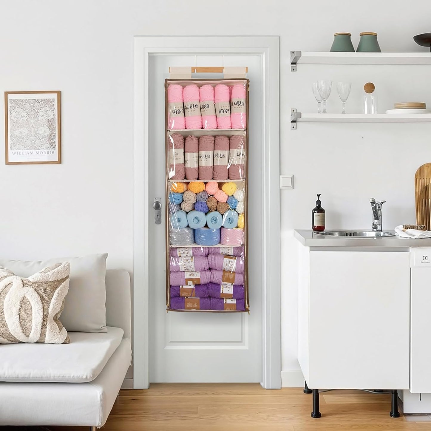 Hanging Yarn Storage with 4 Large Pockets, Clear Knitting Organizer Storage with Zippers for Crochet Lovers, Hanging Yarn Holder with Over-Door Hooks for Knitting Needles Crochet Hooks