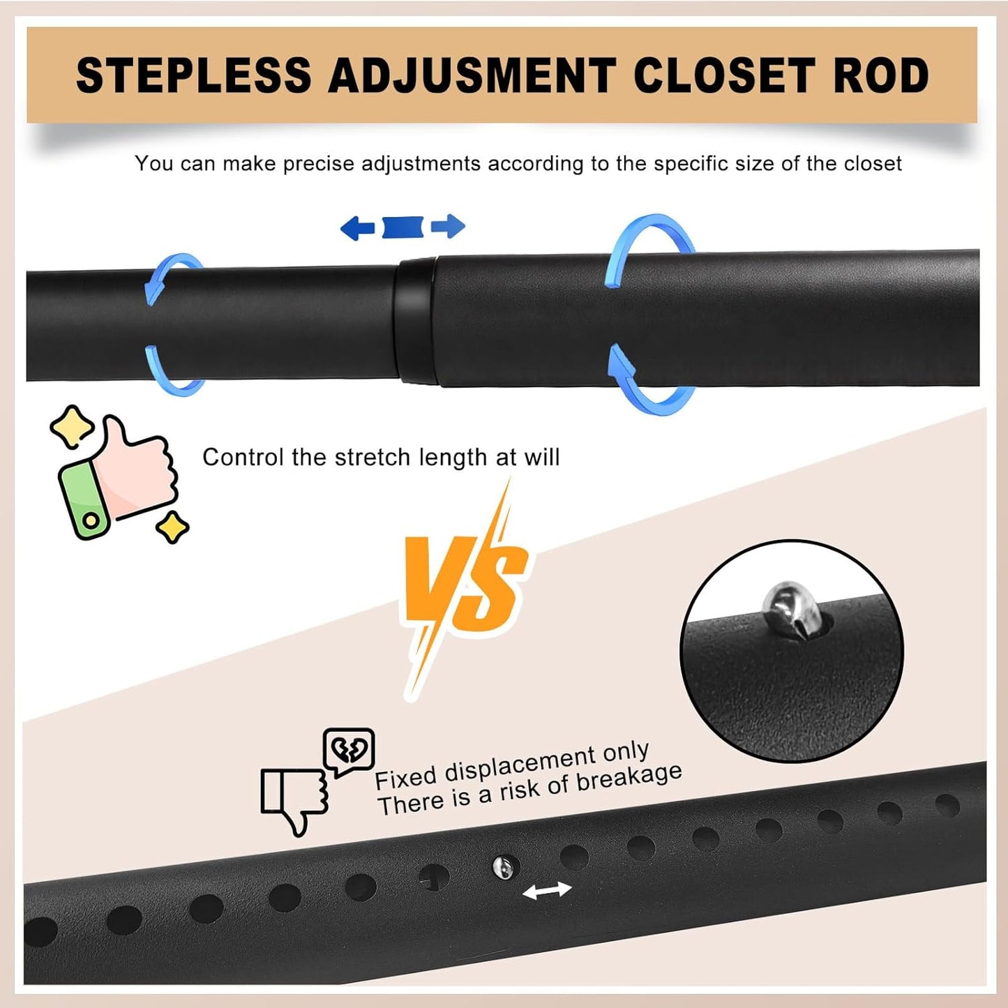 Closet Rod, 17 to 40 Inch Closet Rods for Hanging Clothes, 1.3 Inch Diameter Stepless Adjustable Clothes Hanging Rod, Black Heavy Duty Hanging Bar for Closet Wardrobes Bathroom Laundry