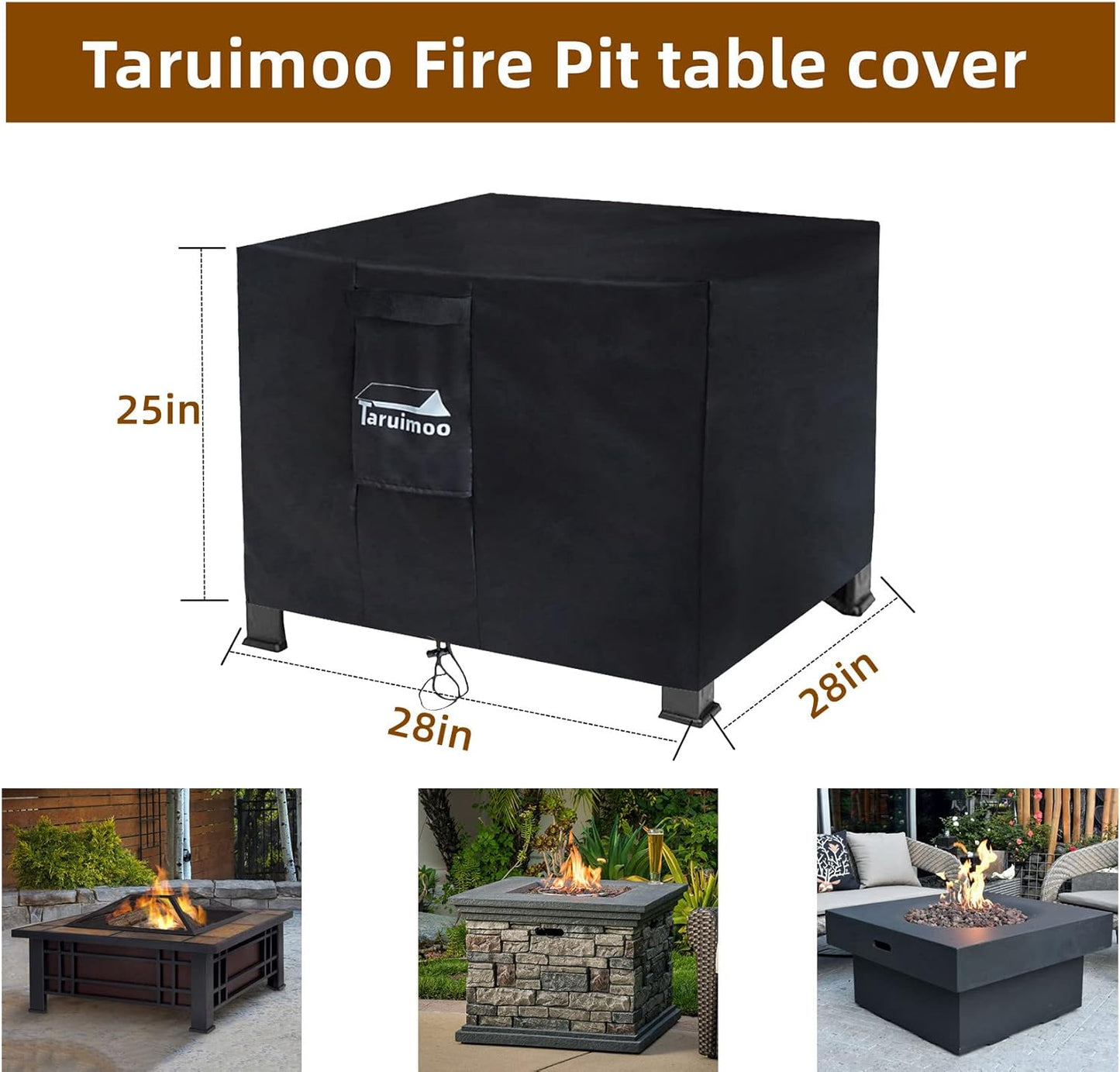 Fire Pit Cover Square Heavy-Duty Outdoor firepit Cover Waterproof and Tear-Resistant Air Vents Fits for 24-28inch fire Pit and Outdoor Fire Table (28 "L x 28 "W x 25 ")