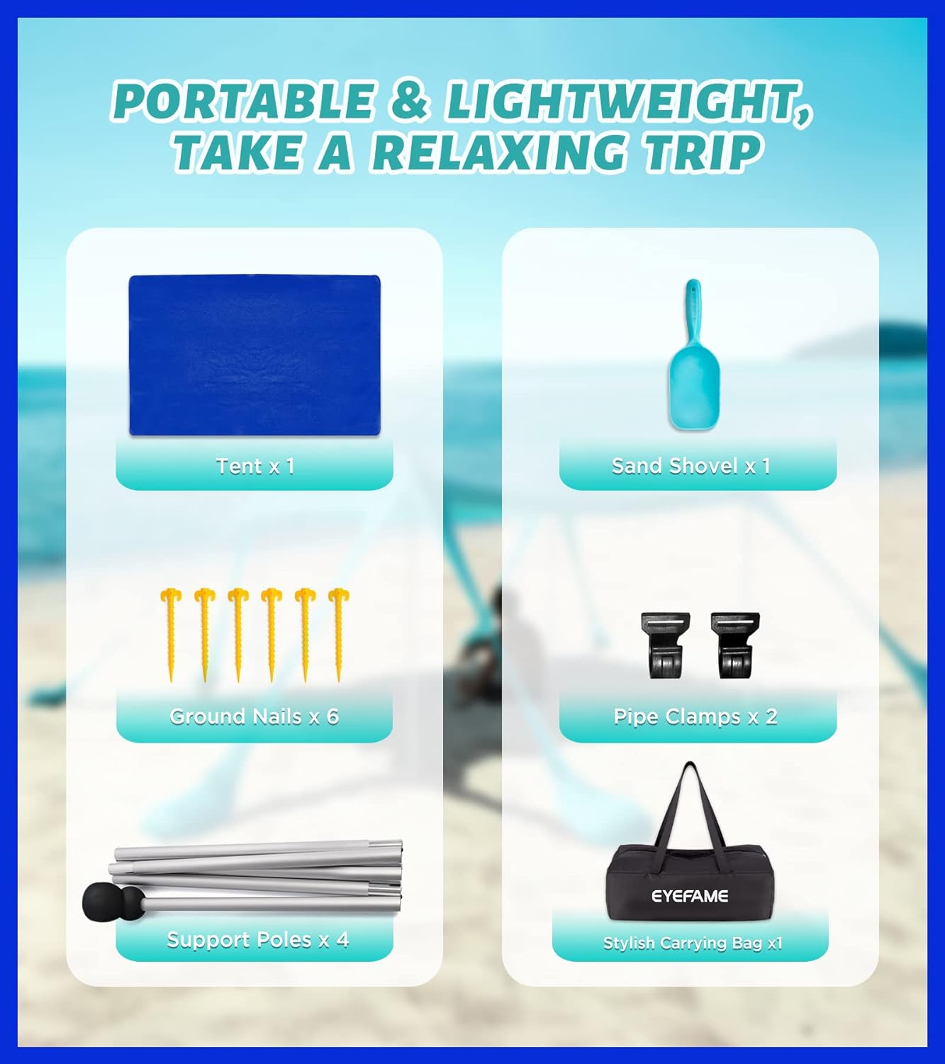 NEW - EYEFAME UPF50+ Anti-Wind Beach Tent, Latest Stable 6 Sandbags Design Pop Up Beach Canopy Sun Shade with Carrying Bag, Portable Easy Assemble Sun Shelter for Outdoor Camping Trips, Fishing, Picnics - Retail $92
