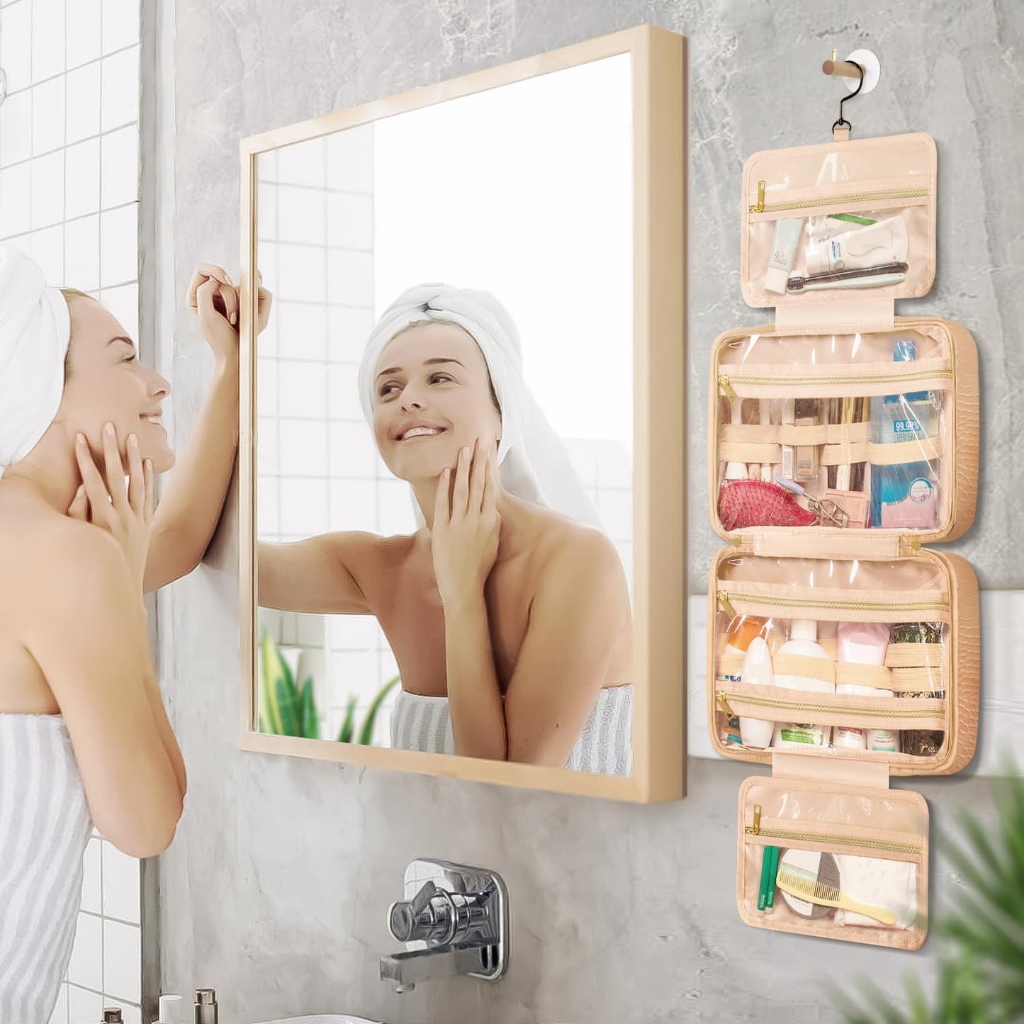 Dot&Dot Spacious Leather Toiletry Bathroom Bag - Hanging Travel Toiletry Bag for Women