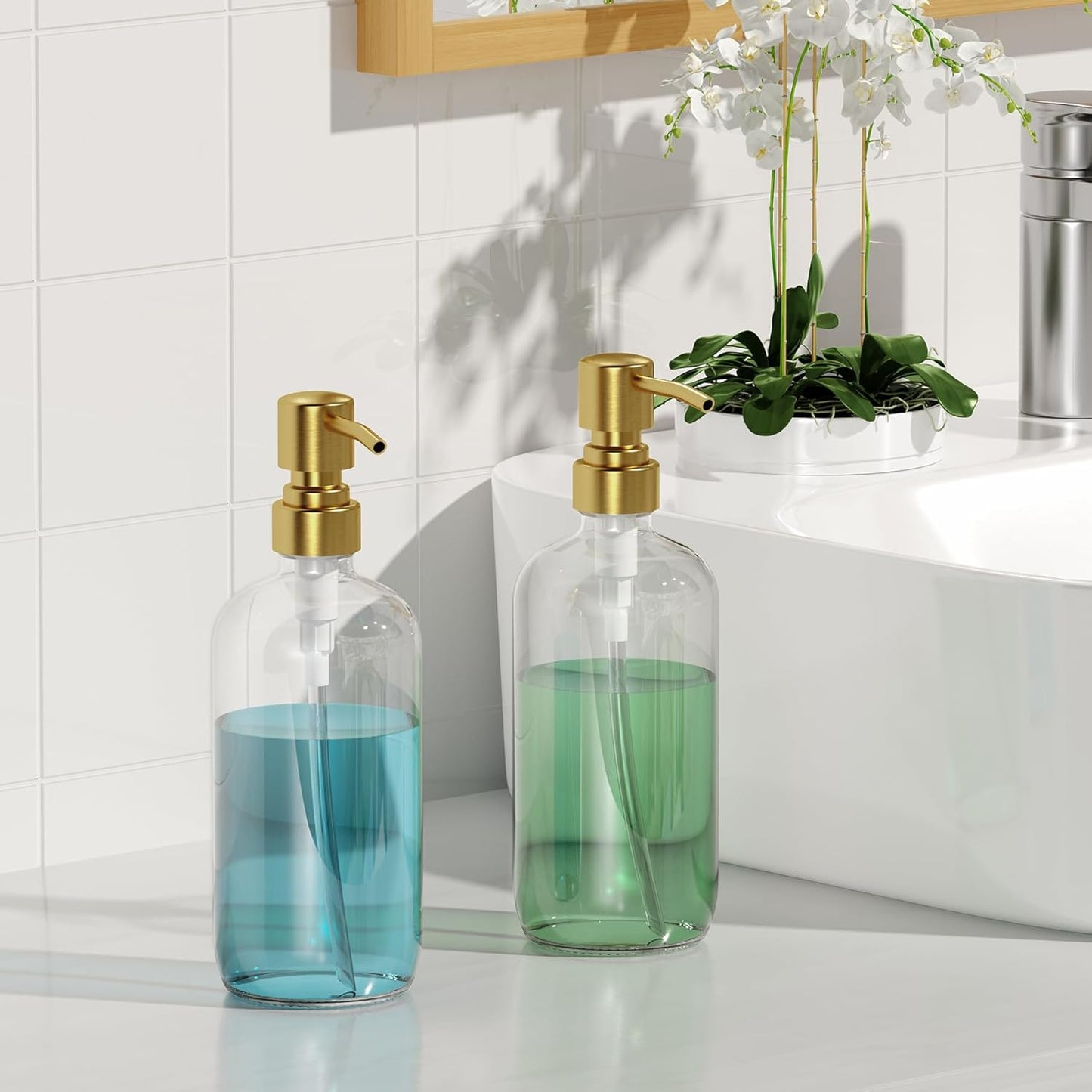 AmazerBath Soap Dispenser, 2 Pack Glass Soap Dispenser with Pump Stainless Steel, 17OZ