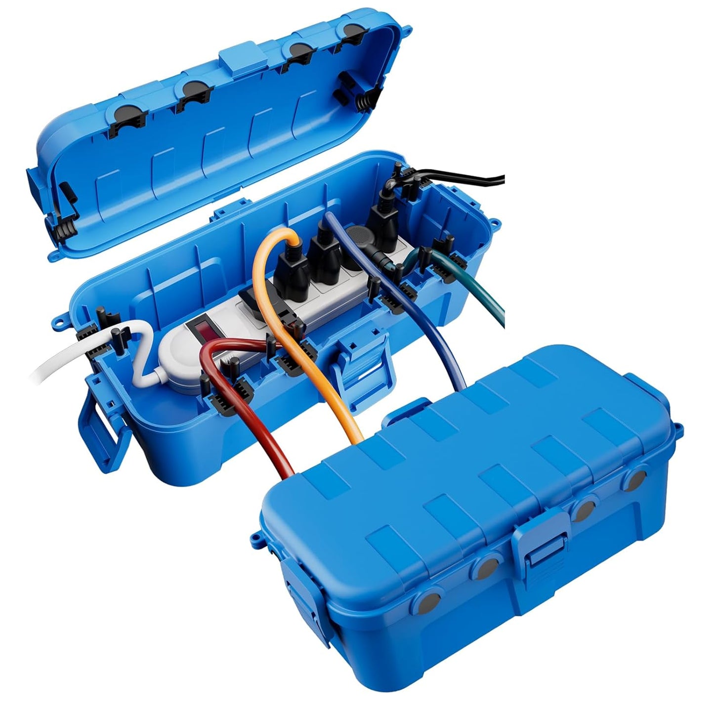 Flemoon [2 Pack] Outdoor Electrical Box Waterproof, Medium Weatherproof Electrical Box (11.5x5.2x4 inch) w/6 Cable Entry Ports, Extension Cord Cover for Power Strip, Timer, Plug, Holiday Light, Blue