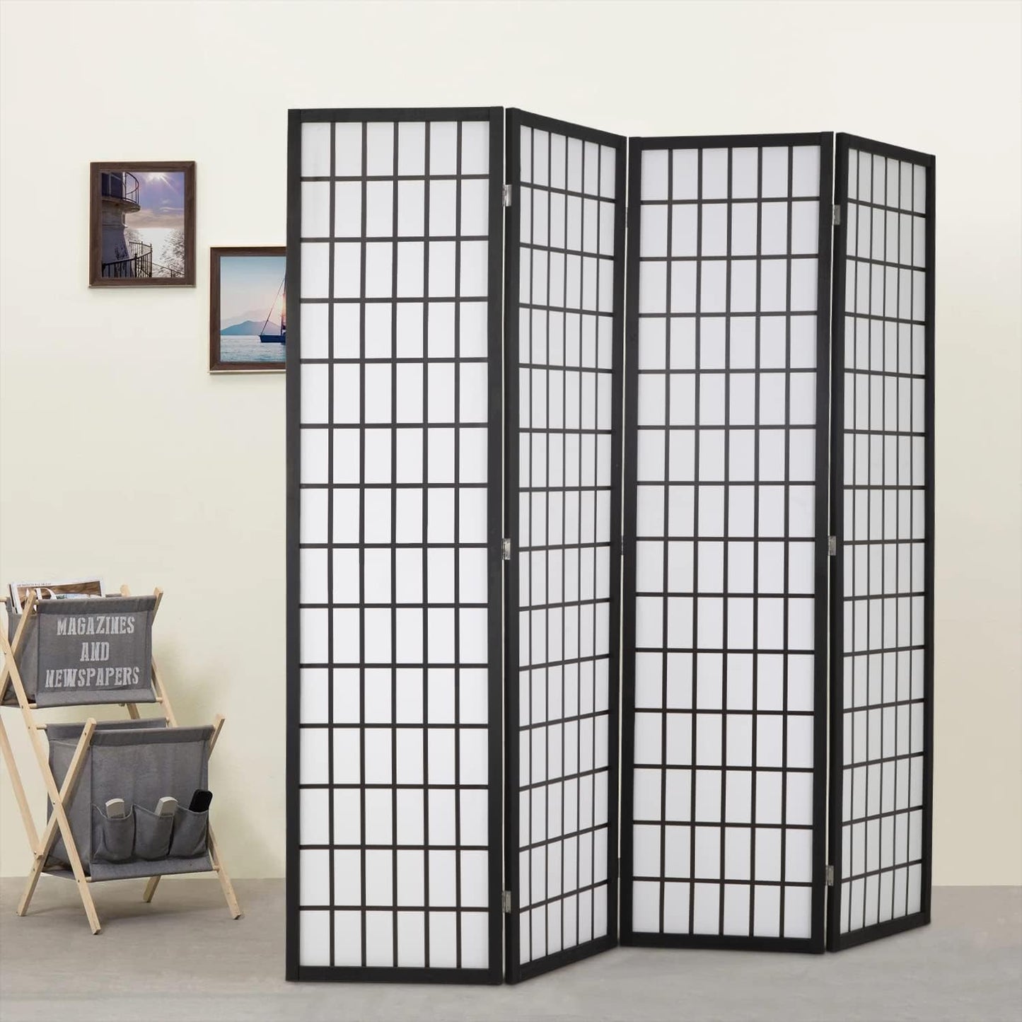 NEW - FDW Room Divider 4 Panel Oriental Shoji Screen 6Ft Folding Privacy Divider Wall Divider Portable Freestanding Partition Screen Japanese-Inspired Wood Divider,White - Retail $44