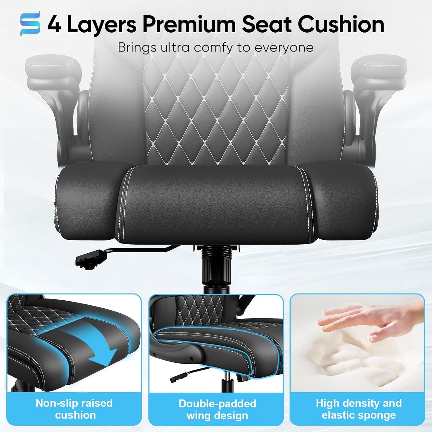 NEW - Sytas Executive Leather Office Chair, Comfy Desk Chair with Adjustable Headrest & Flip-up Padded Arms & Lumbar Support, Adjustable Hight and Tilt, Rolling Swivel Chair, Black - Retail $200