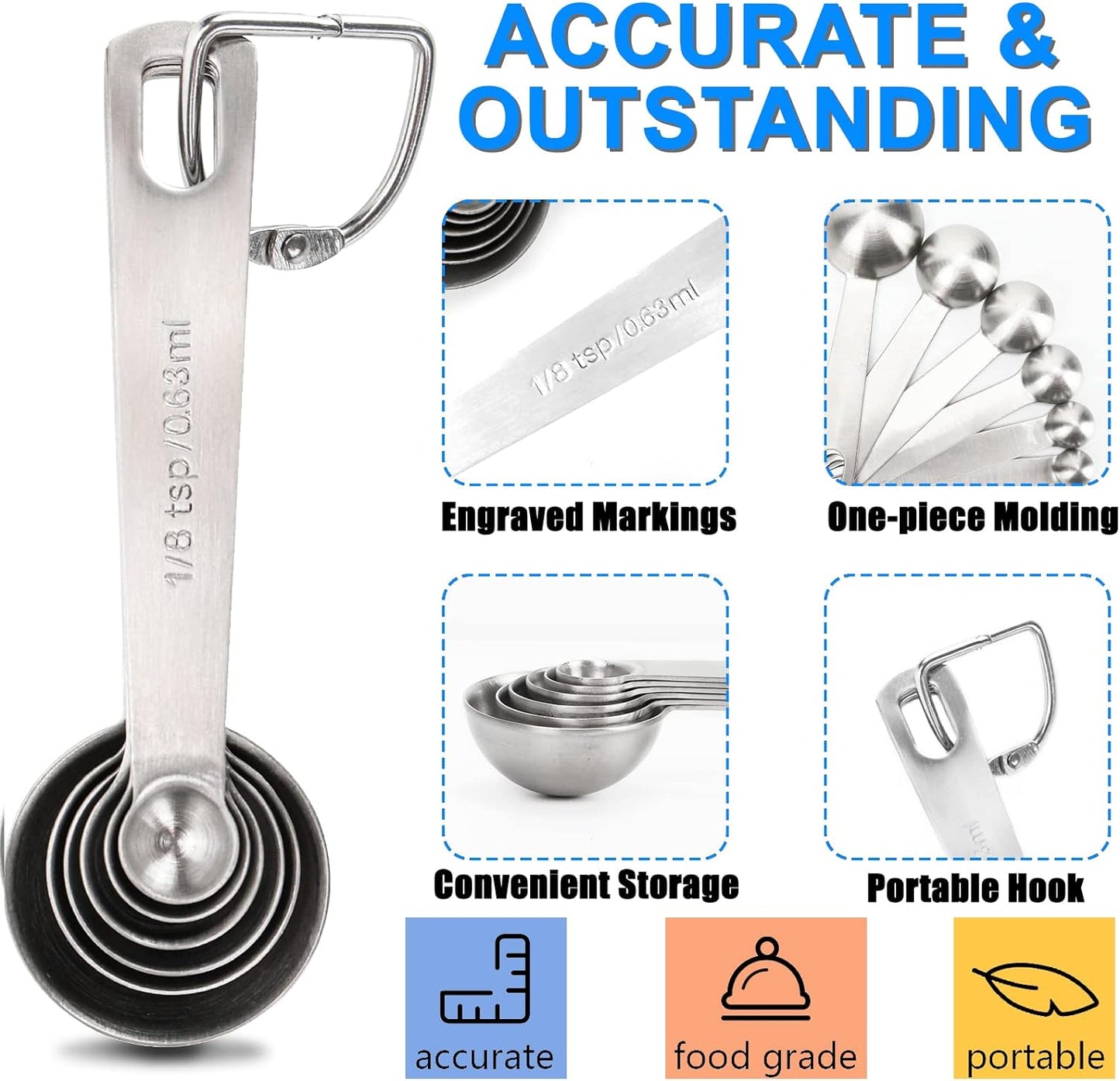 Premium Heavy Duty Stainless Steel Measuring Spoons Cups Set, Small Tablespoon with Metric and US Measurements, Set of 6