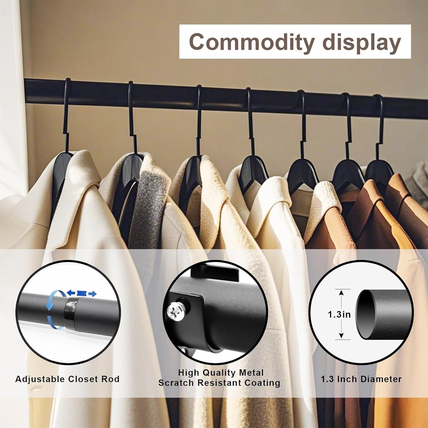 Closet Rod, 17 to 40 Inch Closet Rods for Hanging Clothes, 1.3 Inch Diameter Stepless Adjustable Clothes Hanging Rod, Black Heavy Duty Hanging Bar for Closet Wardrobes Bathroom Laundry